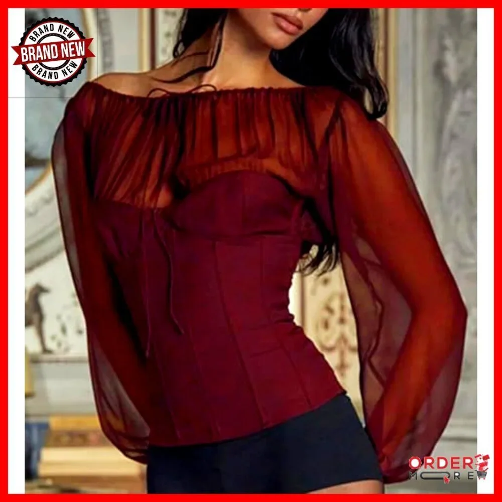 Sheer Long Sleeve Corset Top Y2K Tie Front Blouse Elegant Evening Wear